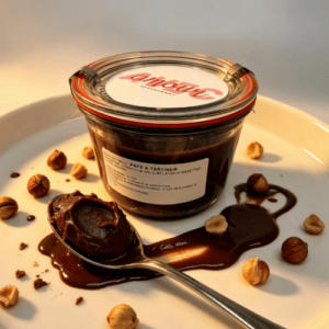 Pâte à tartiner artisanale chocolat et noisettes en bocal Weck, restaurant Avec Amour Terville