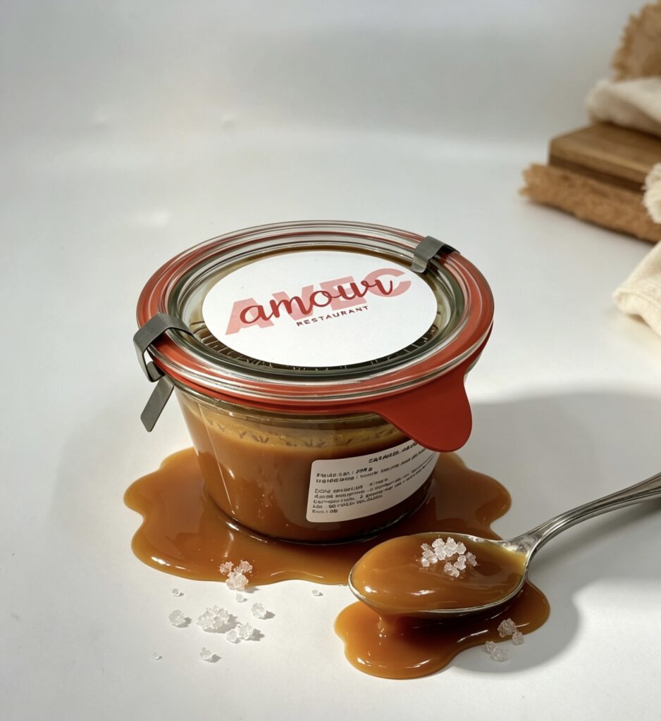 Caramel beurre salé artisanal en bocal Weck, restaurant Avec Amour à Terville