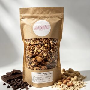 Granola artisanal noisette et chocolat en sachet kraft, restaurant Avec Amour Terville