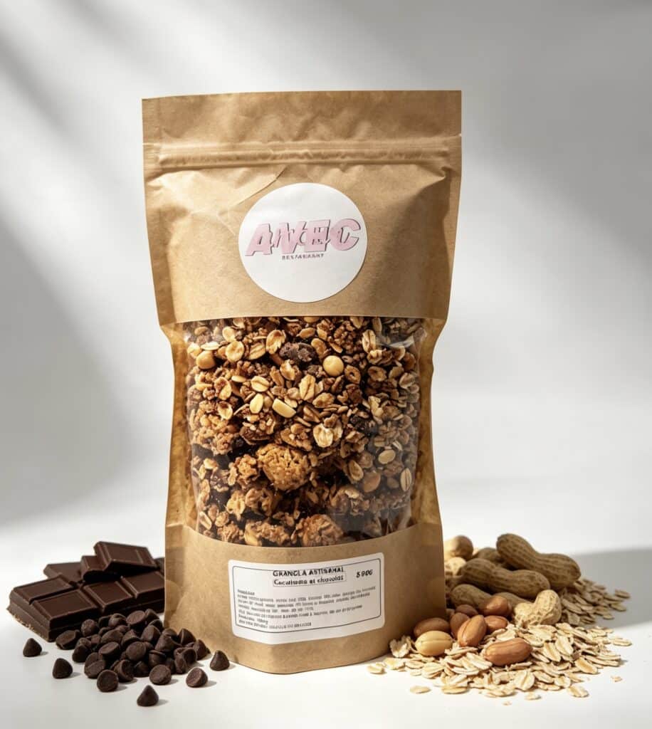 Granola artisanal cacahuète et chocolat en sachet kraft, dans votre restaurant à emporter Thionville